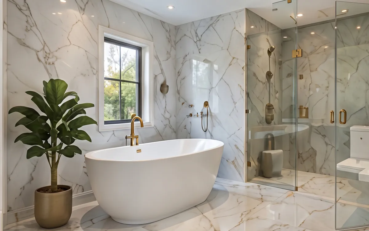 Marble bathroom with a freestanding soaking tub and a frameless glass shower