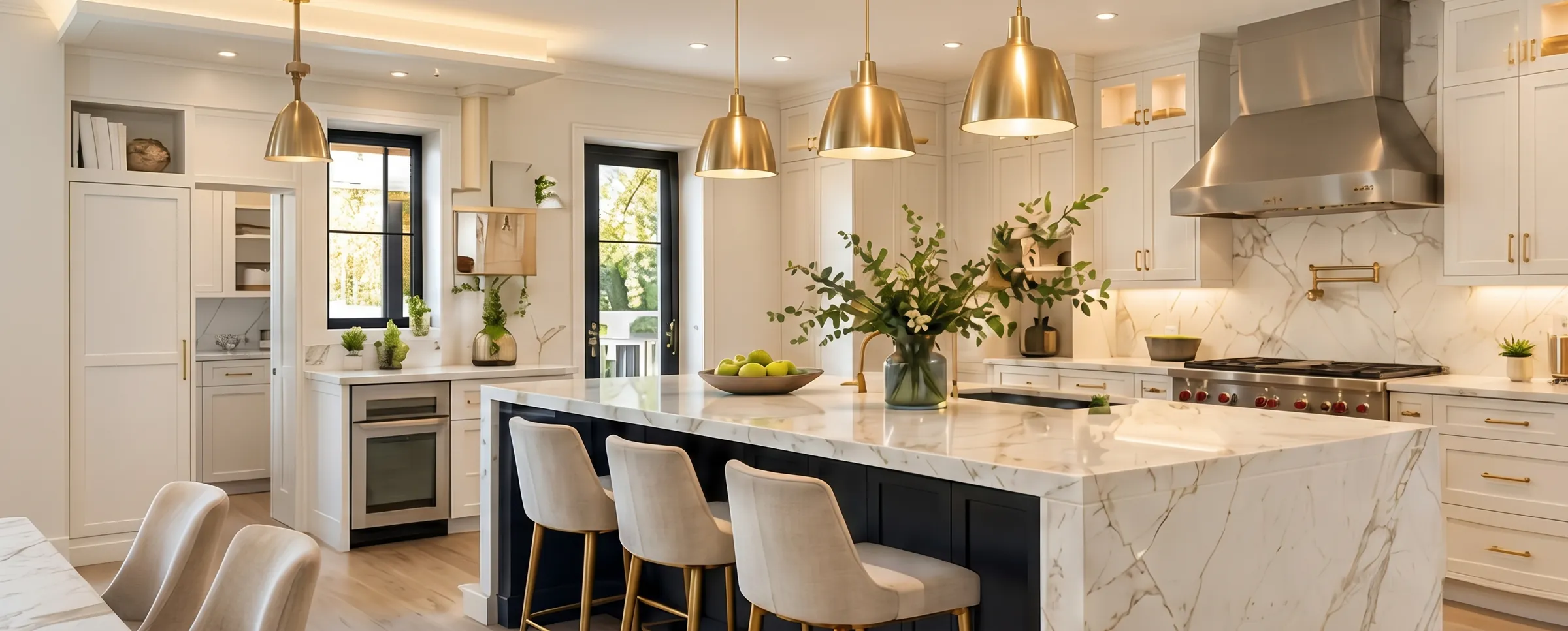 Kitchen remodel with a marble waterfall island, brass pendants and cream bar stools