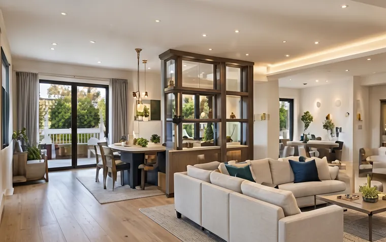 Renovated open-plan living and dining room with a glass display divider and recessed lighting