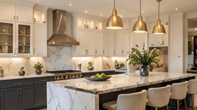 Remodeled kitchen with white cabinetry, marble island and brass pendant lights