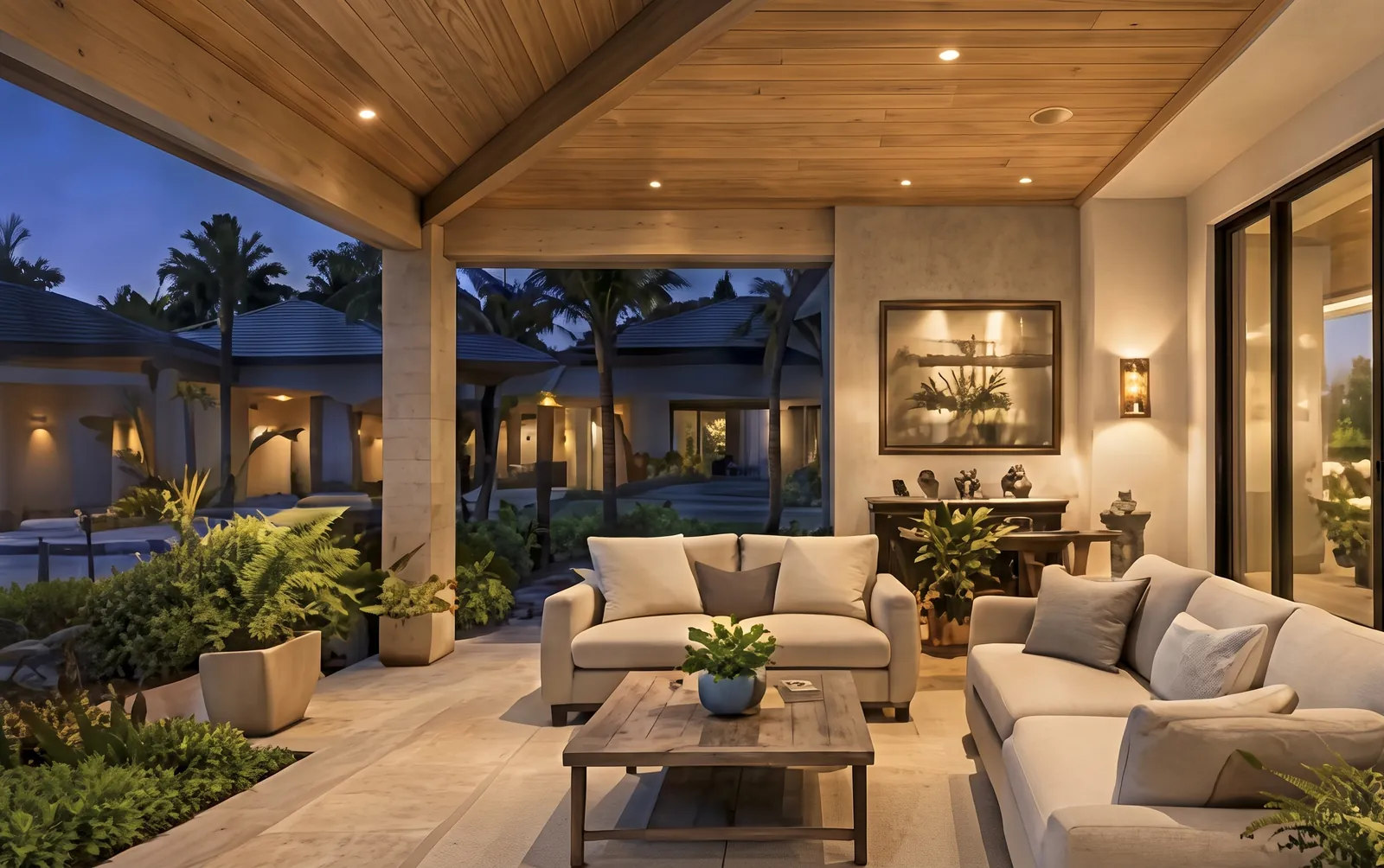 Covered outdoor living room at dusk with a wood ceiling, sofas and palm trees
